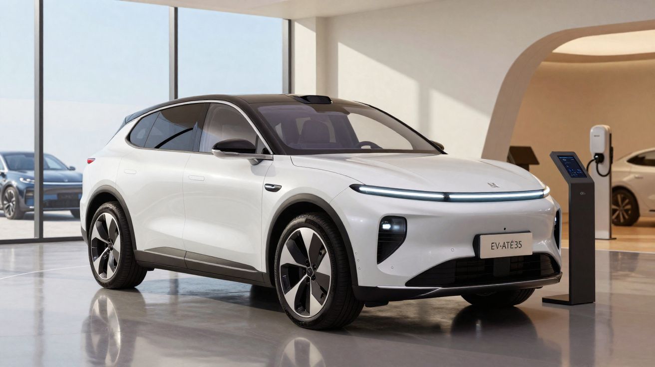 Carro elétrico branco modelo EV-AT25S em showroom moderno com parede de vidro e estação de recarga.