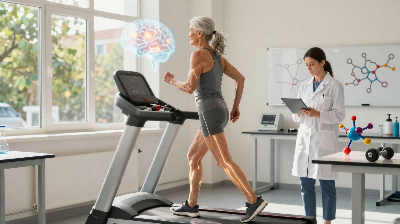 Mulher idosa correndo em esteira, com profissional de saúde observando e cérebro digital sobreposto.