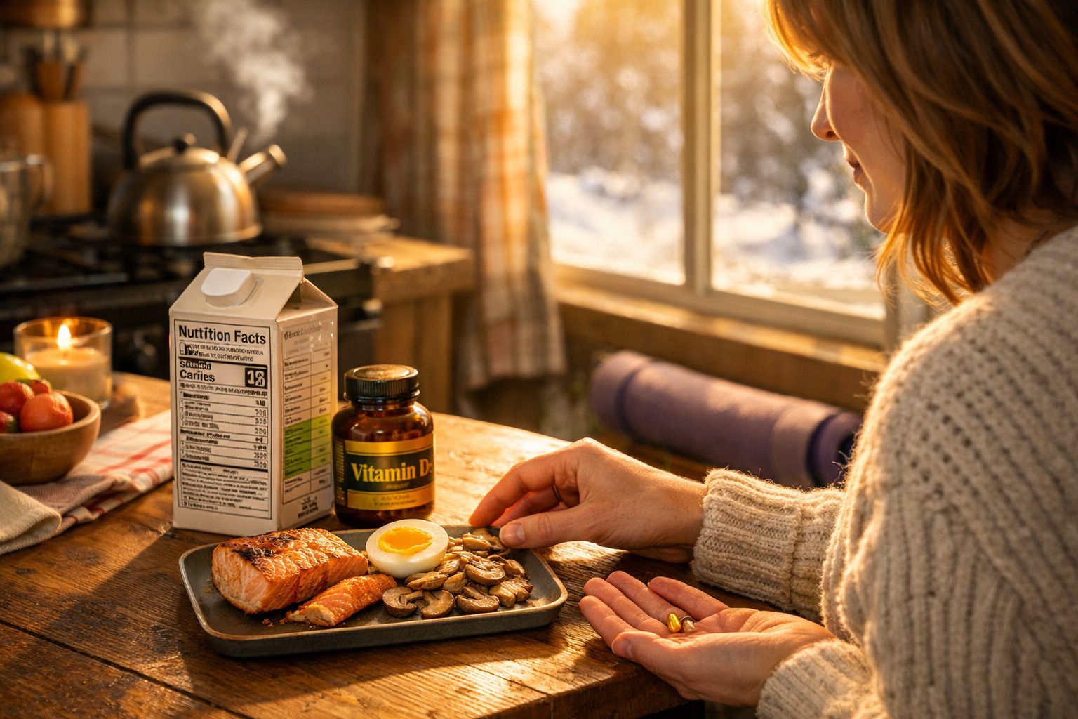 Pessoa segurando cápsula ao lado de prato com salmão, ovo e cogumelos, frasco de vitamina D e caixa de leite.