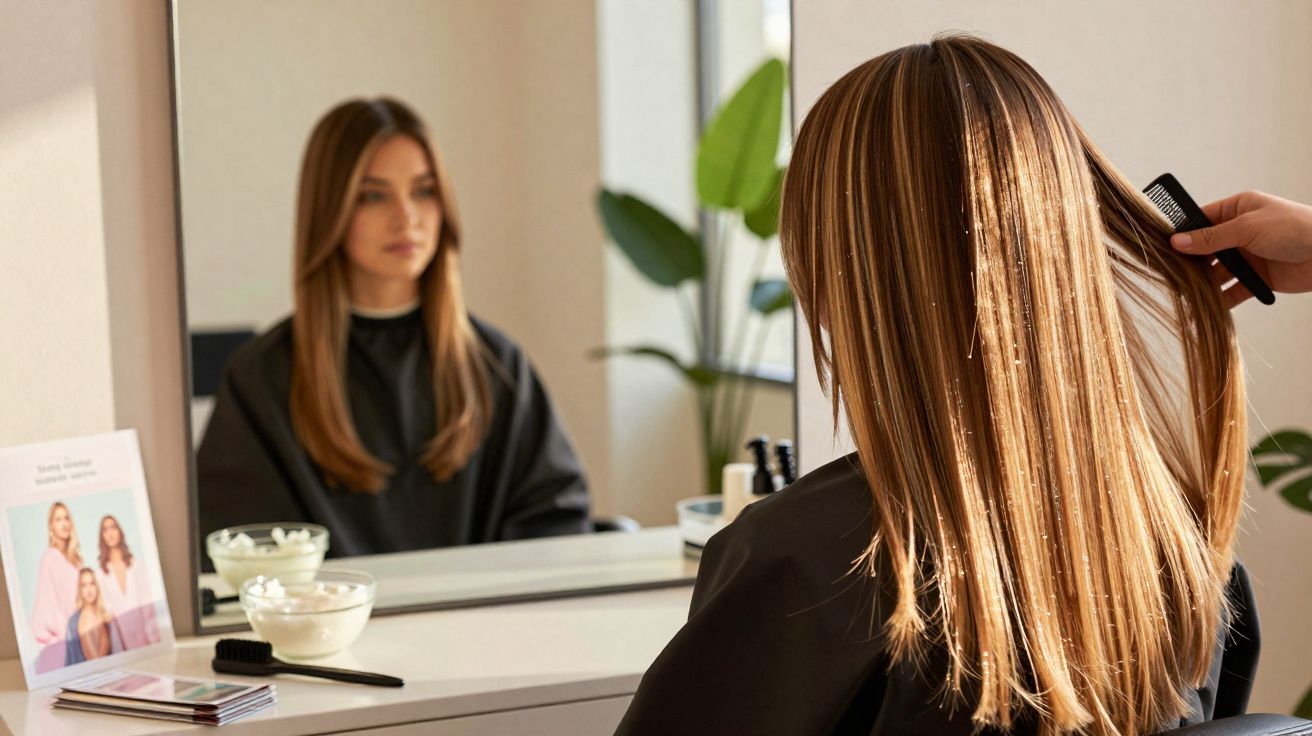 Mulher sentada em salão de beleza com cabelos lisos e longos, sendo penteada e refletida no espelho.