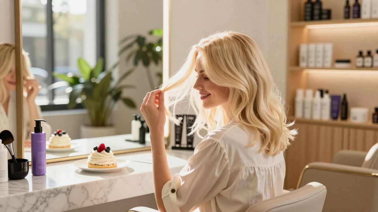 Mulher loira sorridente sentada em cadeira branca em salão de beleza, com sobremesa e produtos ao redor.