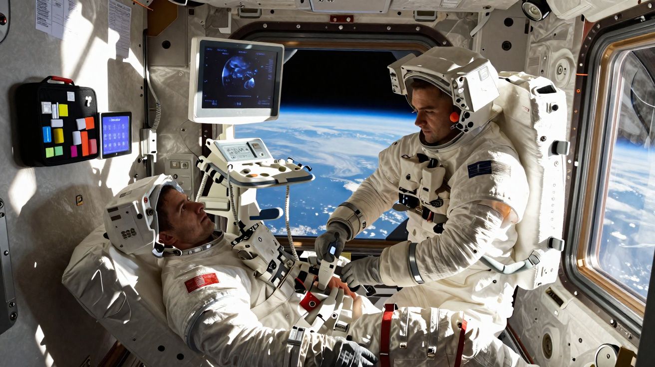 Dois astronautas em trajes espaciais dentro de uma estação espacial com a Terra visível pela janela.