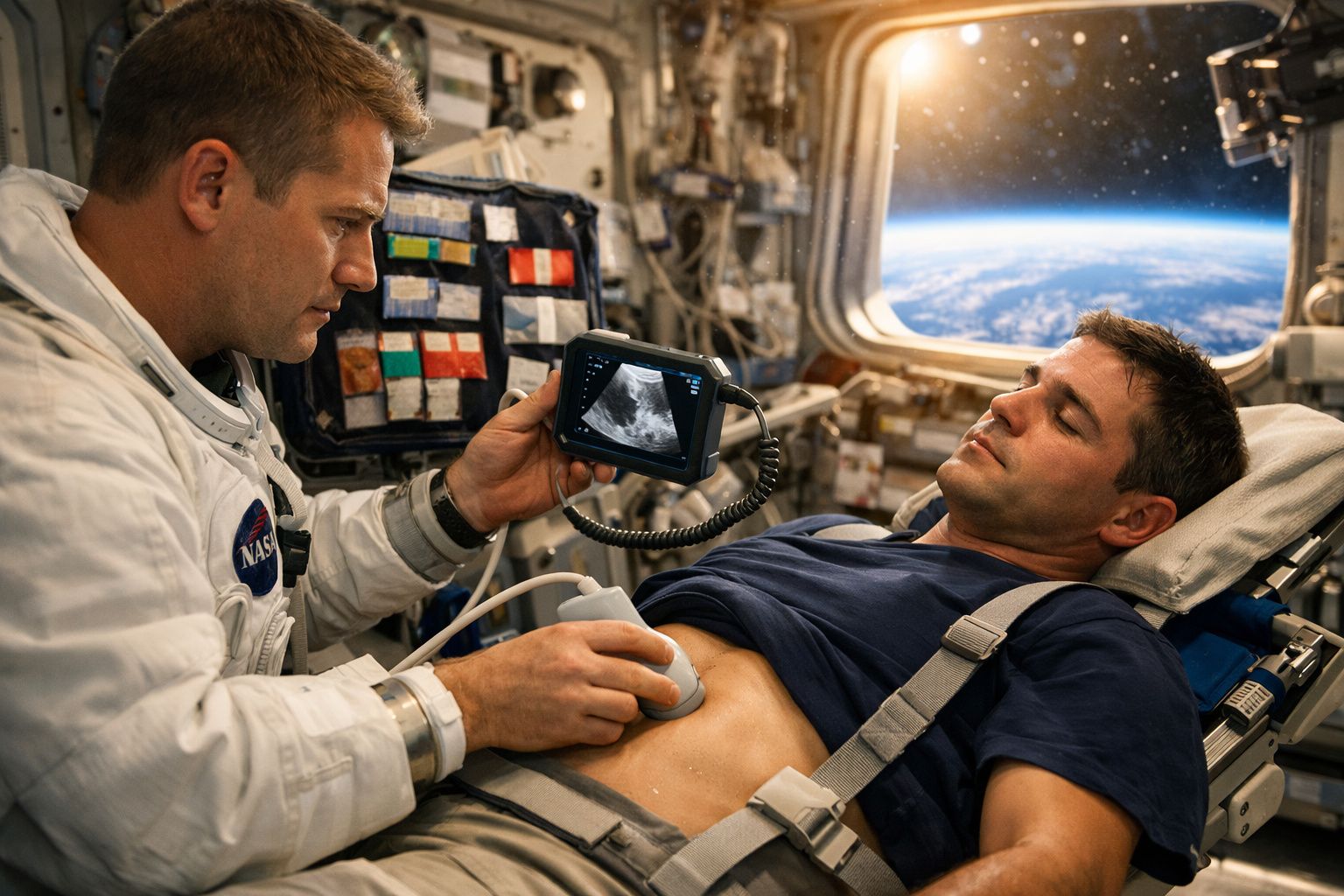 Astronauta realiza exame de ultrassom no abdômen de colega dentro da estação espacial com vista da Terra.
