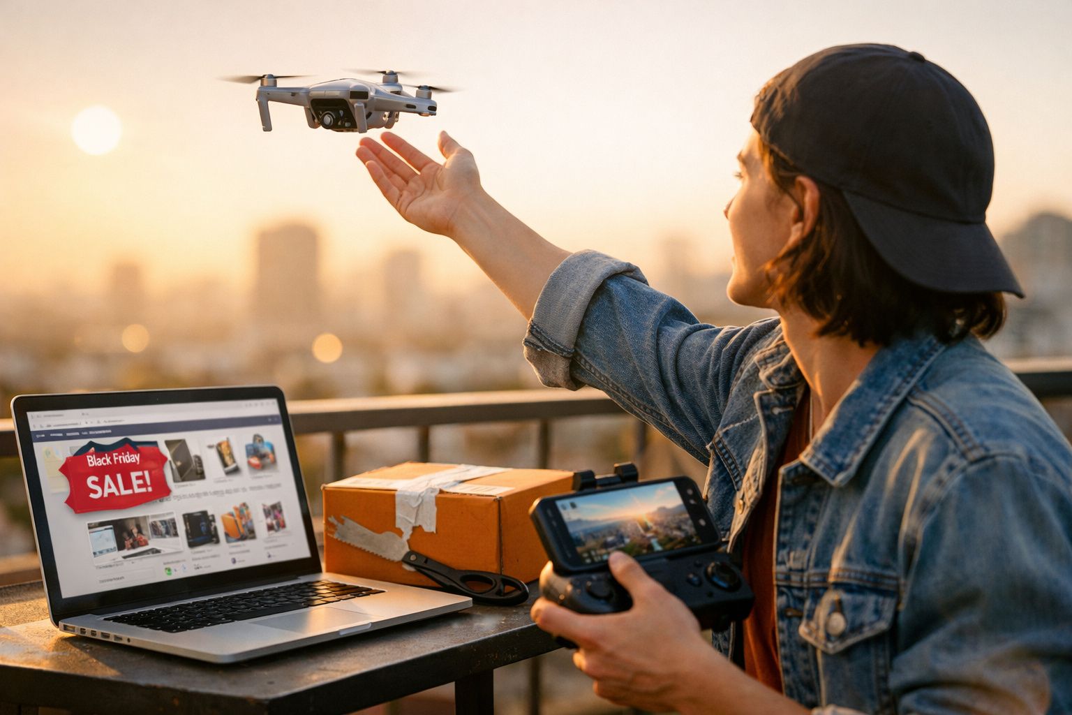 Pessoa controlando drone com controladora enquanto computador mostra promoção de Black Friday ao pôr do sol.