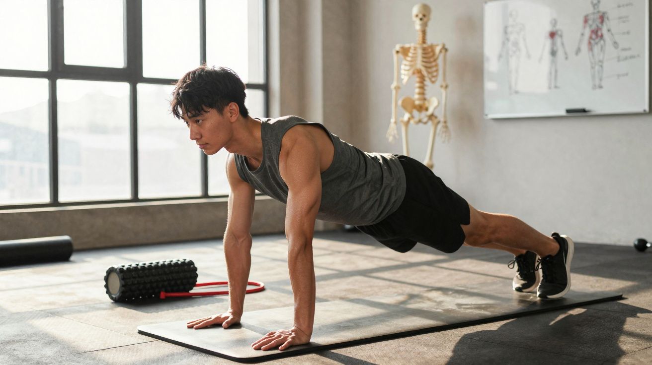 Homem fazendo prancha apoiado com os braços estendidos em ambiente de academia iluminado.