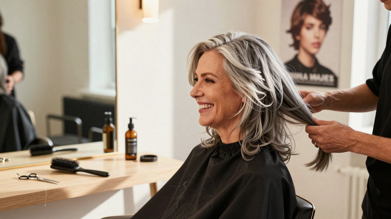Mulher sorridente com cabelo grisalho sendo atendida por cabeleireiro em salão de beleza moderno.