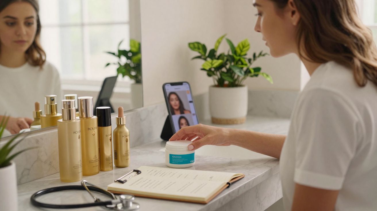 Mulher usando aplicativo de autoavaliação de pele, segurando pote de creme com produtos de beleza sobre bancada.