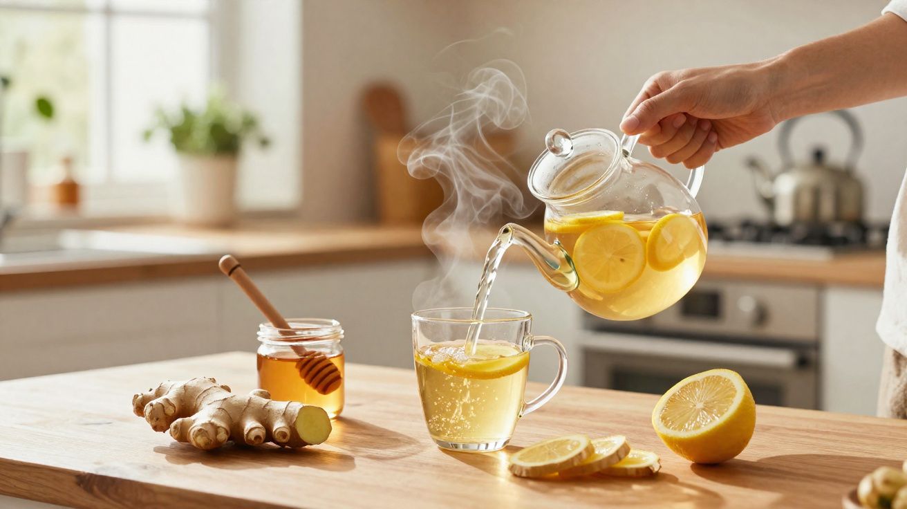 Pessoa servindo chá de gengibre com limão em caneca transparente em cozinha iluminada, com mel ao lado.
