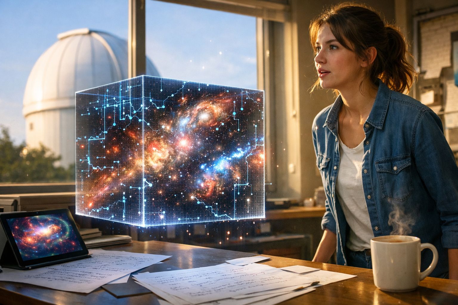 Mulher observa cubo holográfico espacial em laboratório com telescópio ao fundo, mesa com café e papéis.