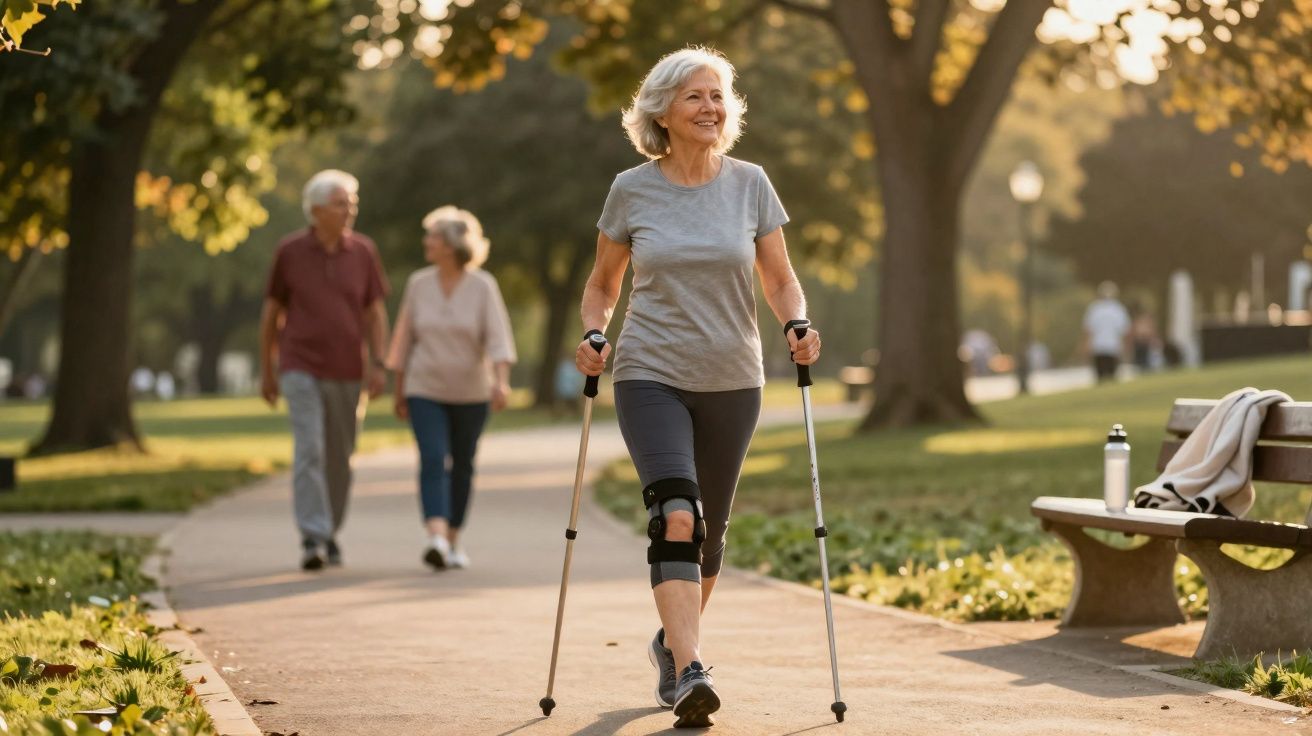 Mulher idosa caminhando com bastões de caminhada em parque ensolarado, com duas pessoas ao fundo.