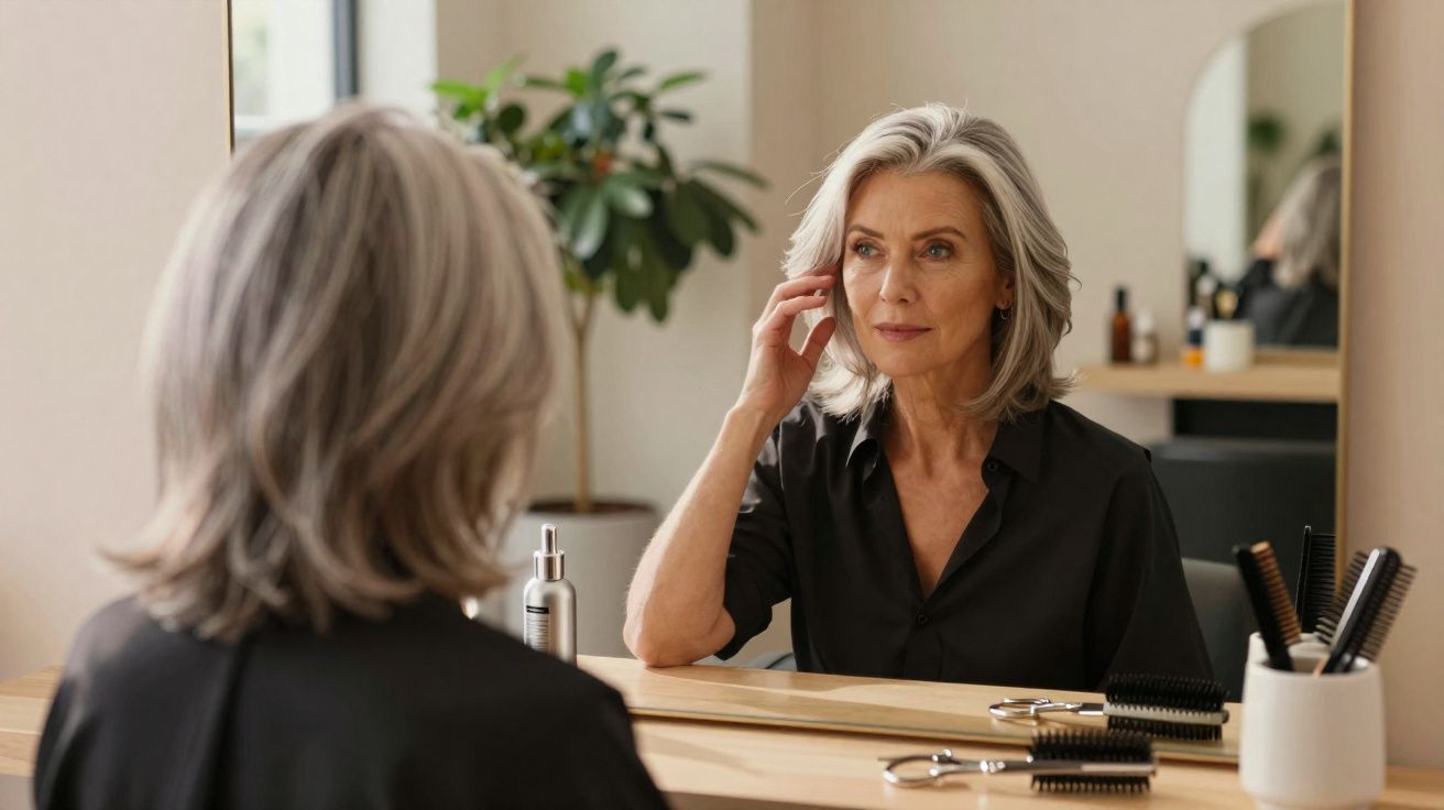 Mulher madura com cabelo grisalho olhando o reflexo no espelho em penteadeira com acessórios de beleza.