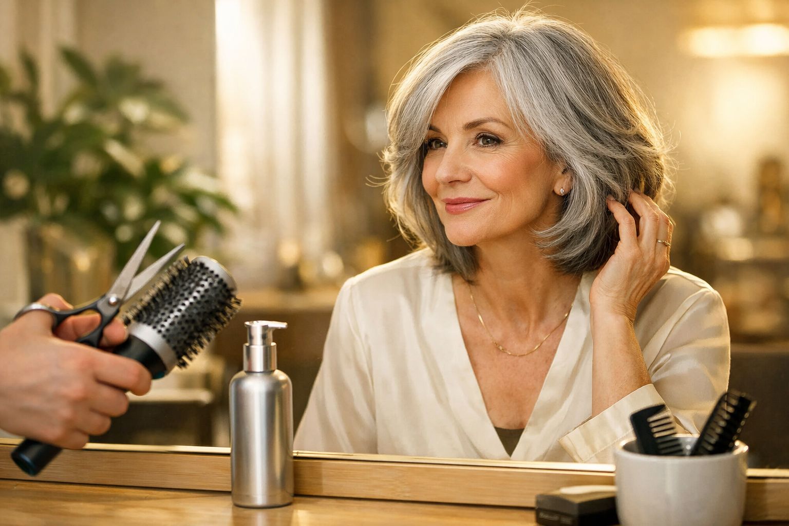 Mulher madura com cabelo grisalho sentada em salão de beleza, sorrindo durante corte de cabelo.