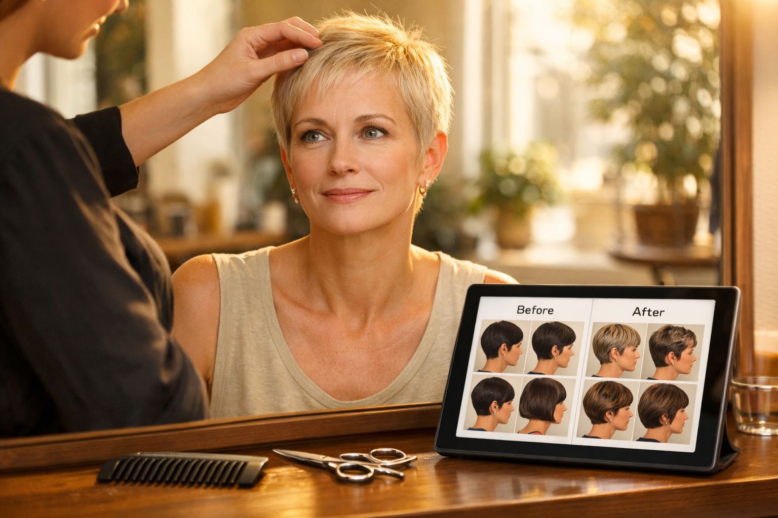 Mulher loira de cabelo curto no salão de beleza olhando no espelho enquanto profissional arruma seu cabelo.