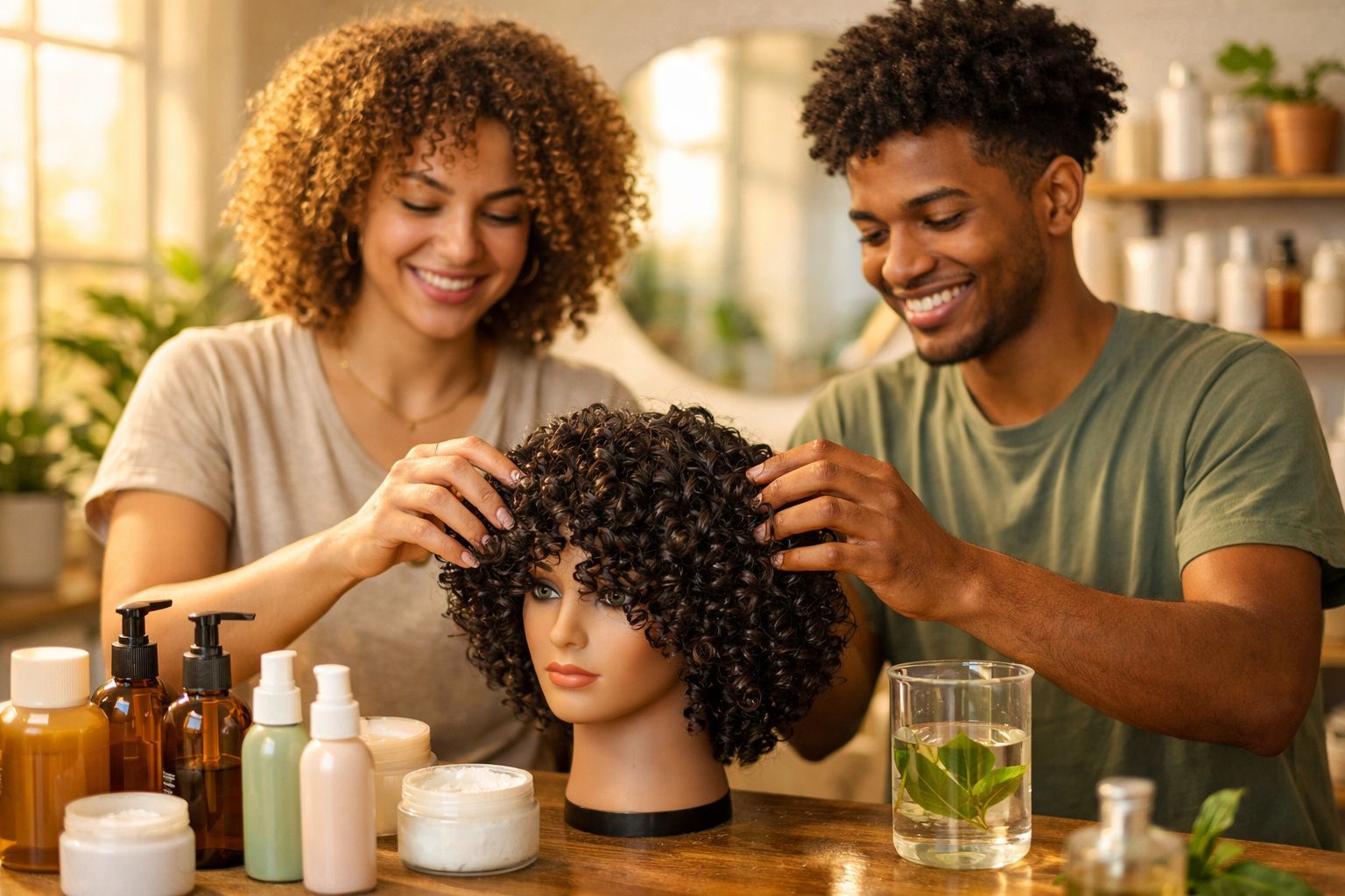 Casal cuidando do cabelo cacheado de uma cabeça de manequim em ambiente iluminado.