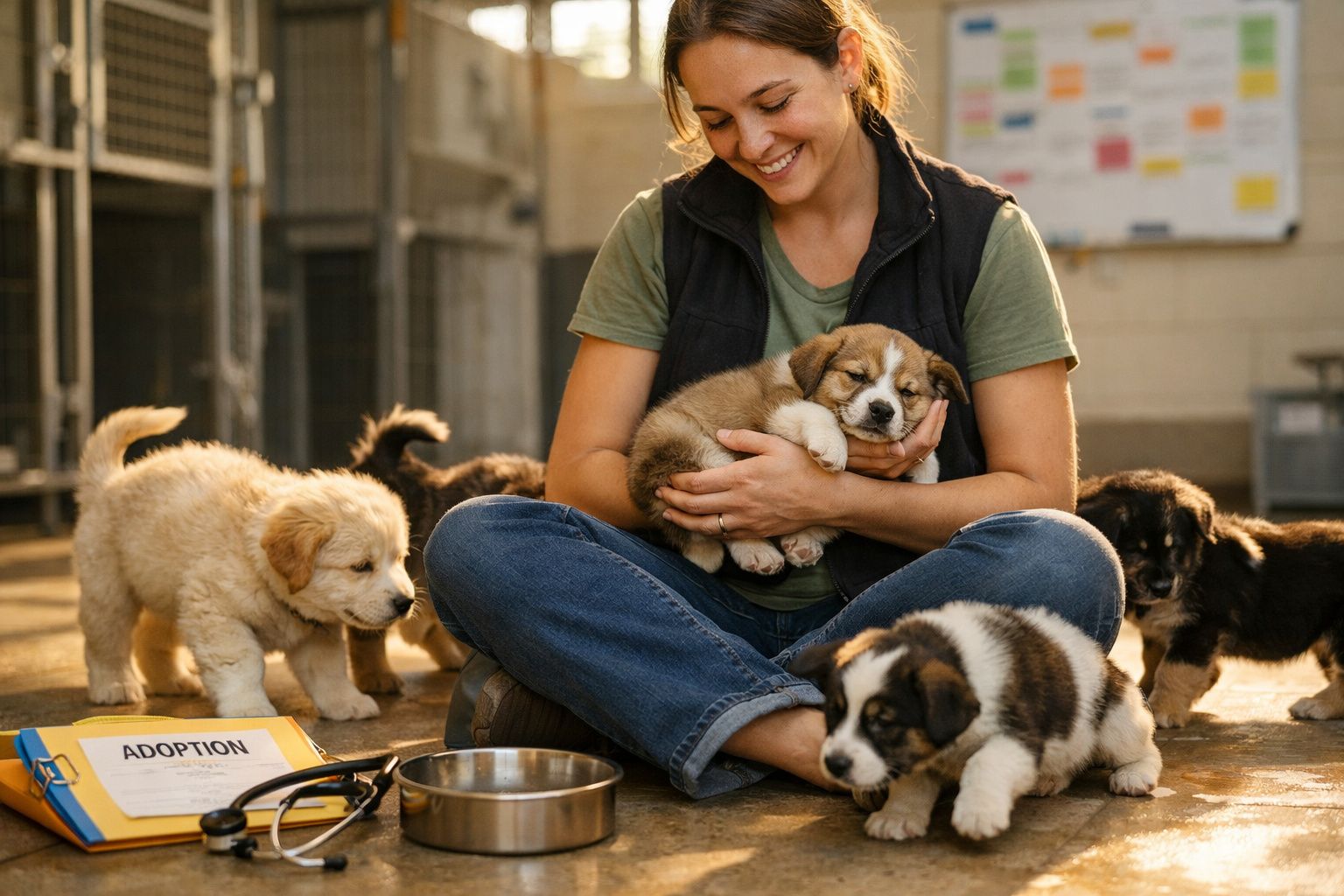 Mulher sorrindo sentada com filhotes de cachorro em abrigo, um no colo e outros explorando ao redor.