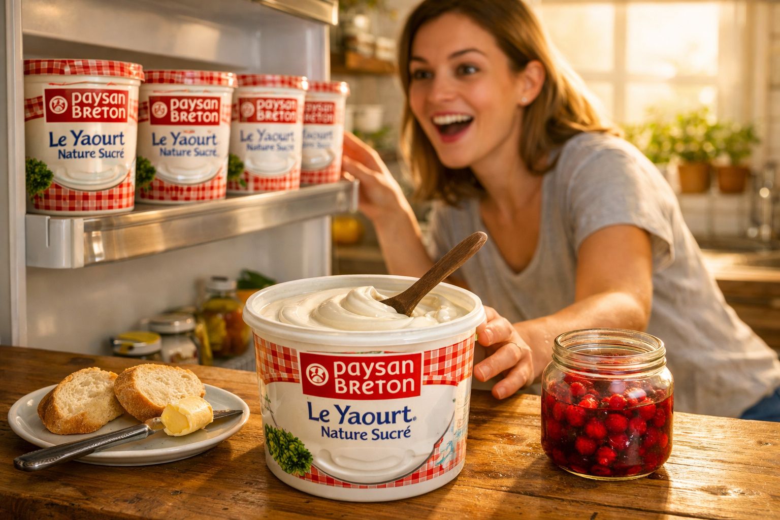 Mulher sorridente alcança iogurte Paysan Breton em cozinha com pão e geleia na mesa.