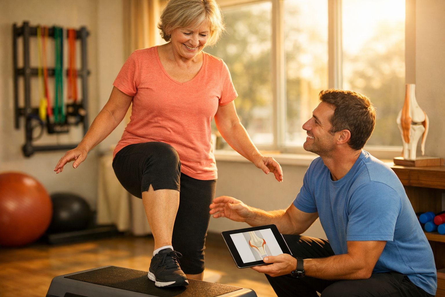 Mulher idosa fazendo exercício com fisioterapeuta que mostra imagem de articulação no tablet.