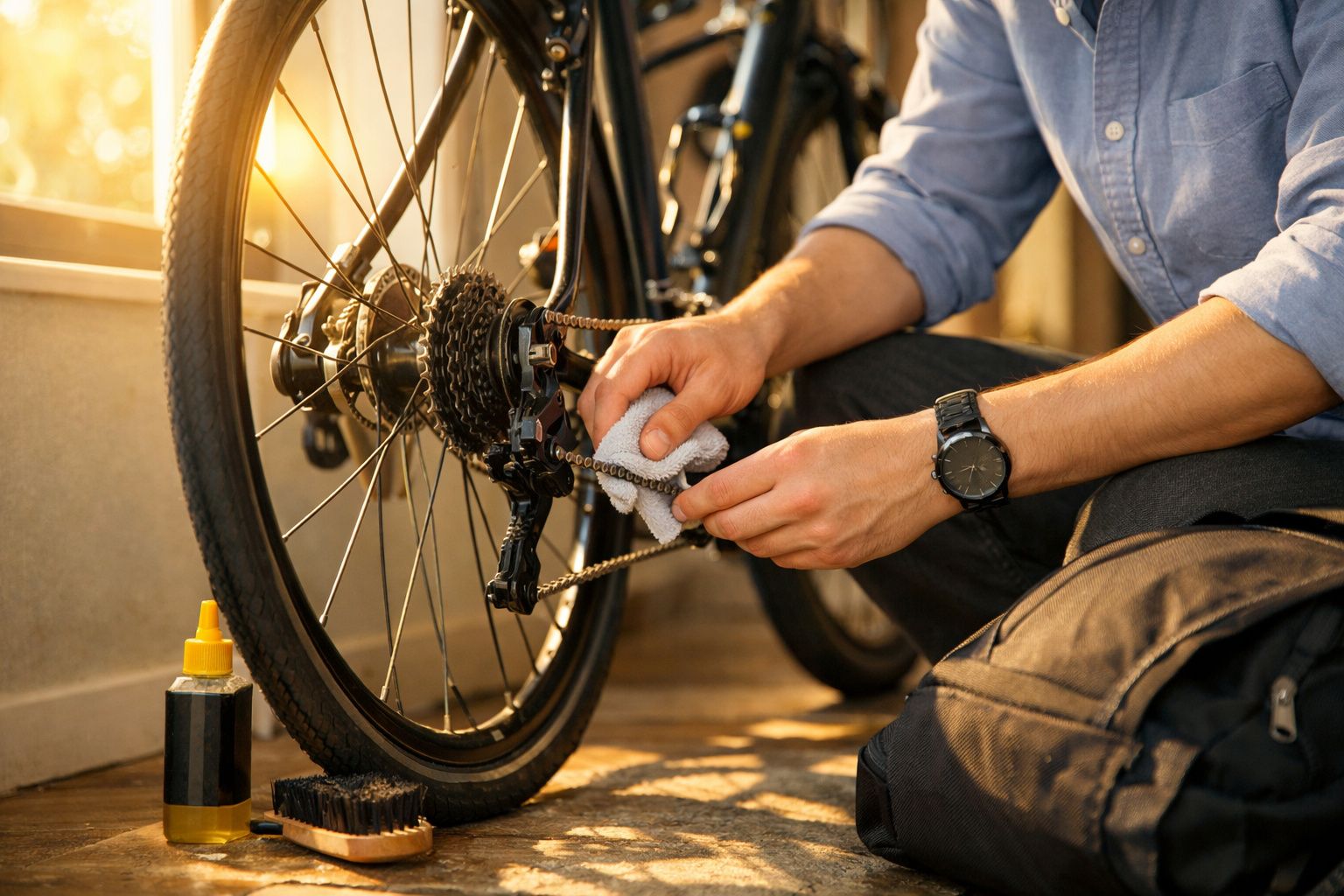 Pessoa limpando a corrente da bicicleta com pano, óleo e escova próximos, luz do sol entrando pela janela.