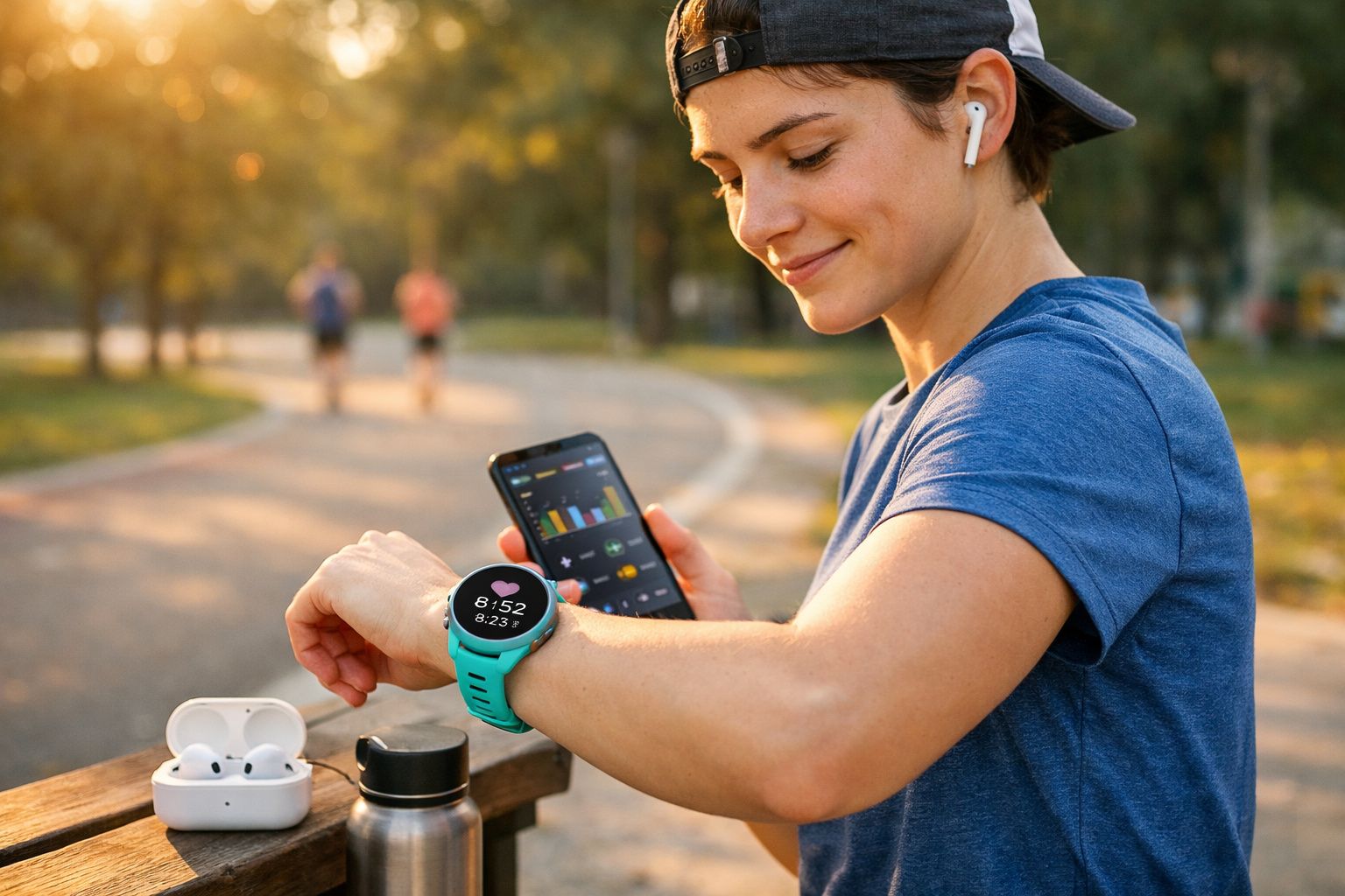 Mulher em roupa esportiva usando smartwatch e celular em parque enquanto pratica exercícios.