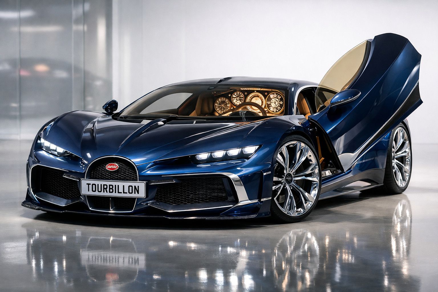 Carro esportivo azul Bugatti Tourbillon com porta escamoteável aberta, refletindo no chão liso e cinza.