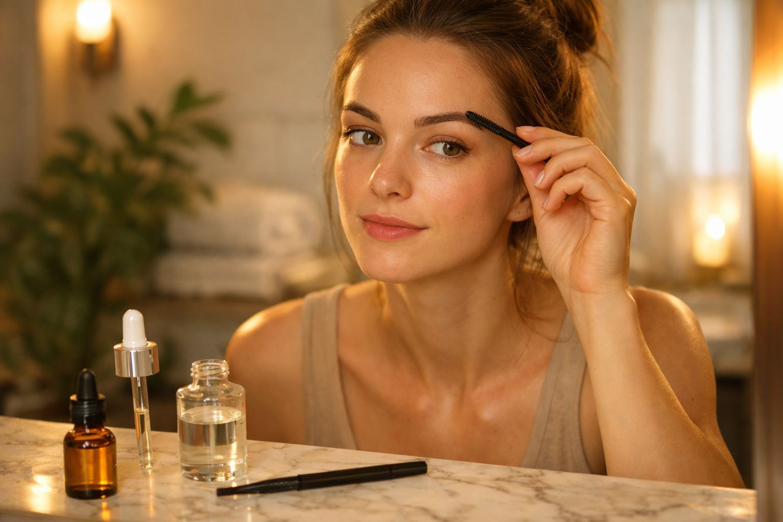 Mulher aplicando maquiagem nas sobrancelhas com pincel em ambiente iluminado e acolhedor.