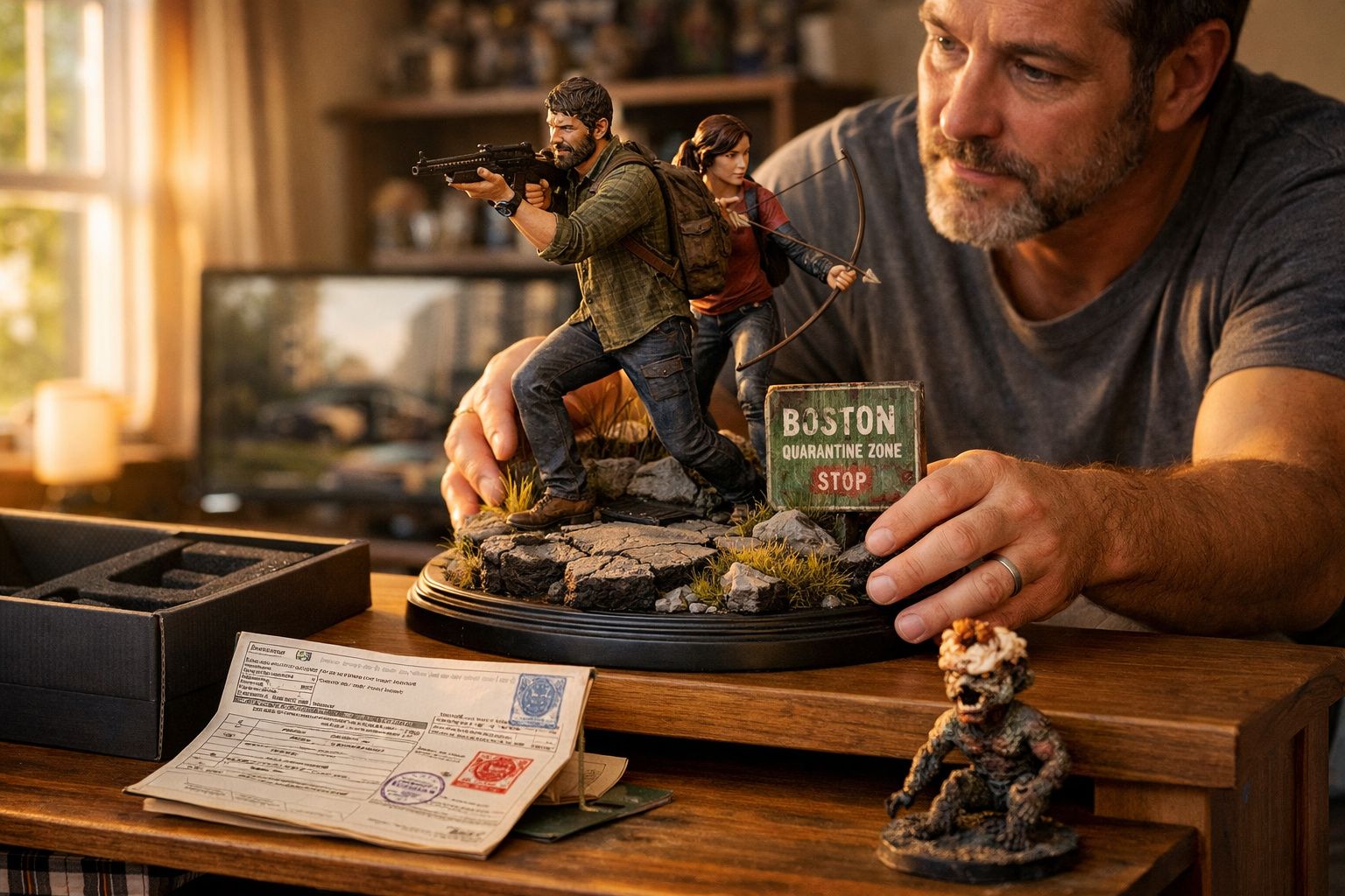 Homem segura estátua detalhada de personagens armados de videogame em cenário pós-apocalíptico sobre mesa de madeira.