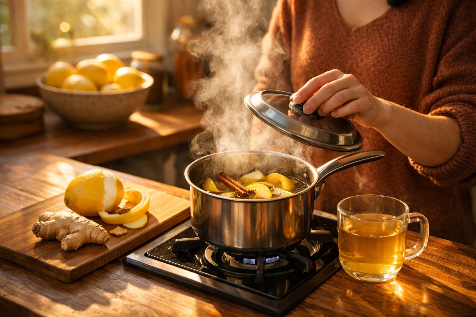 Pessoa tampando panela com chá de limão, gengibre e canela fumegante na cozinha iluminada.