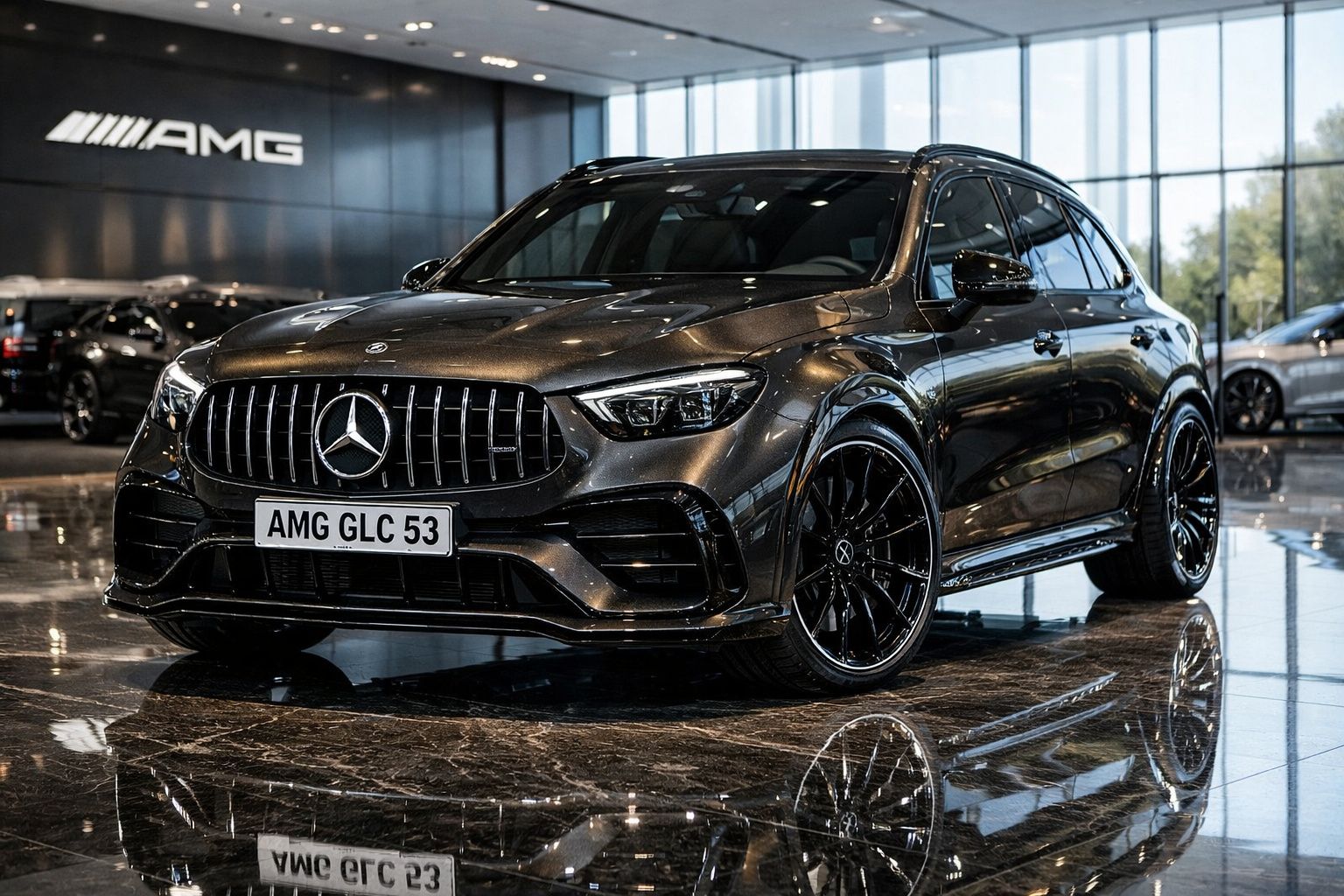 SUV Mercedes-Benz AMG GLC 53 preto em showroom com piso brilhante e logo AMG ao fundo