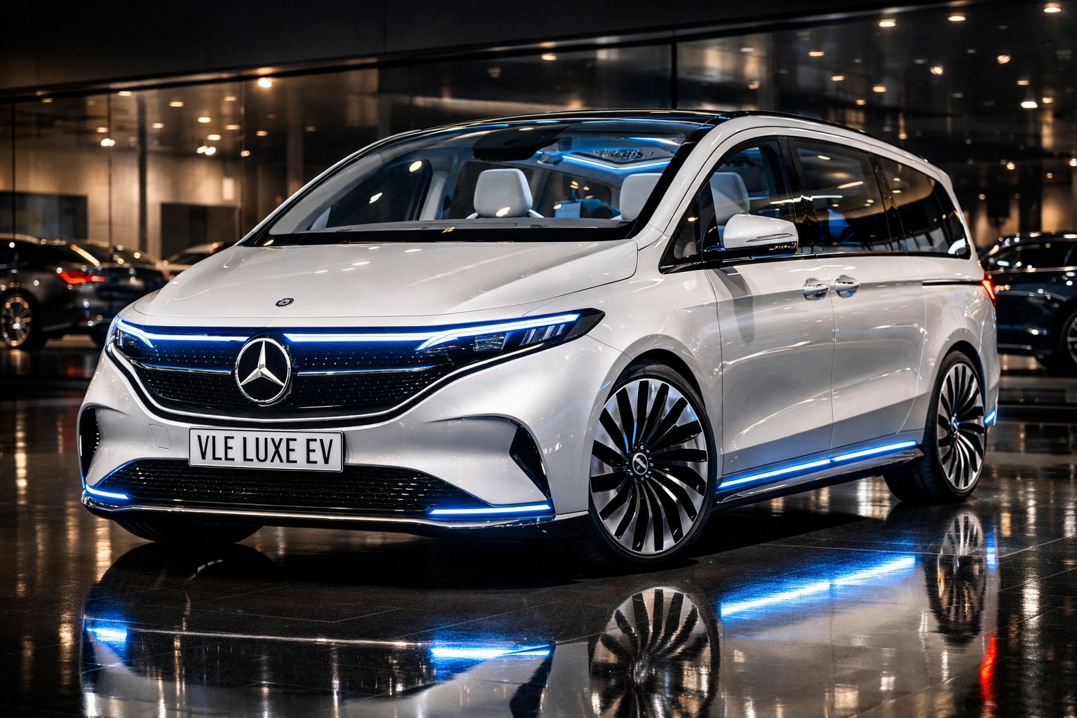 Carro elétrico Mercedes-Benz VLE LUXE EV branco exibido em ambiente interno moderno.