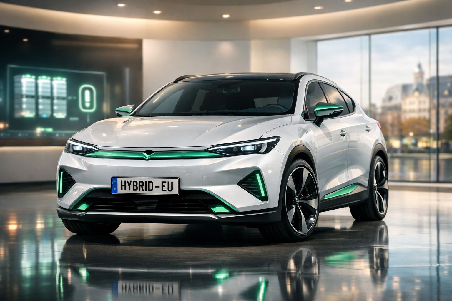 Carro híbrido branco com detalhes verdes, exposto em ambiente interno moderno com piso refletivo.