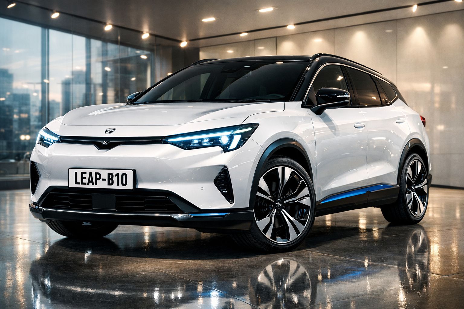 Carro SUV elétrico branco estacionado em ambiente interno com detalhes em azul e faróis acesos.