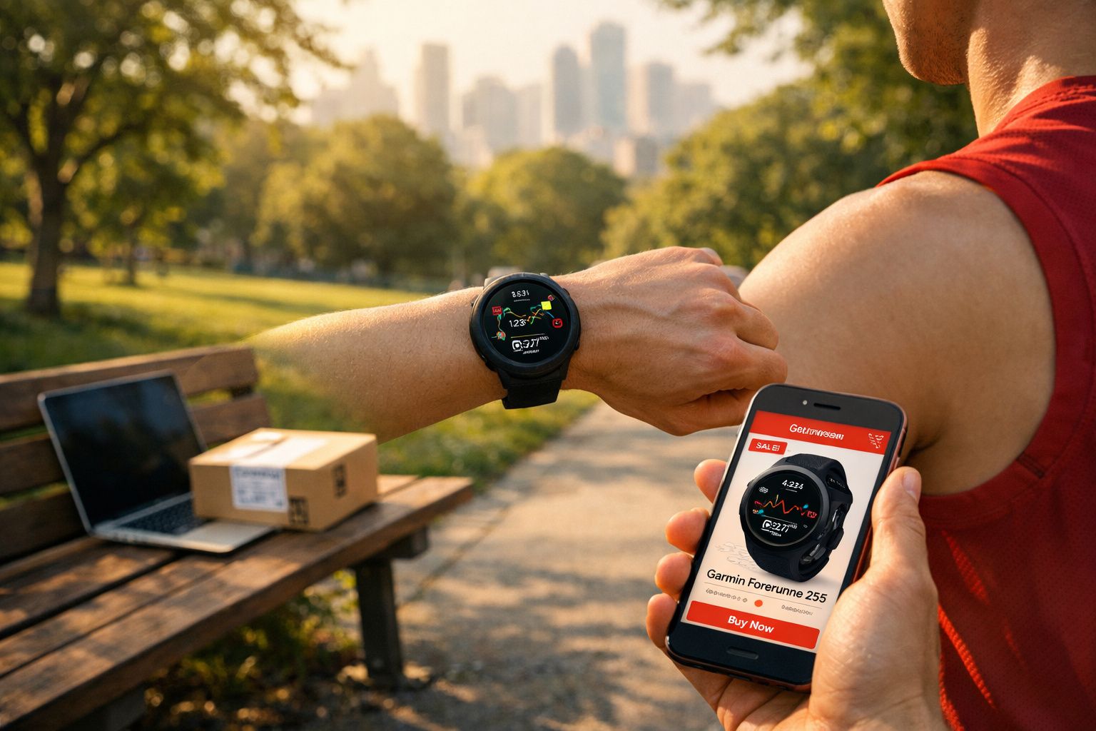 Pessoa em roupa de treino vermelha checando relógio Garmin e celular com anúncio do relógio em parque ao ar livre.