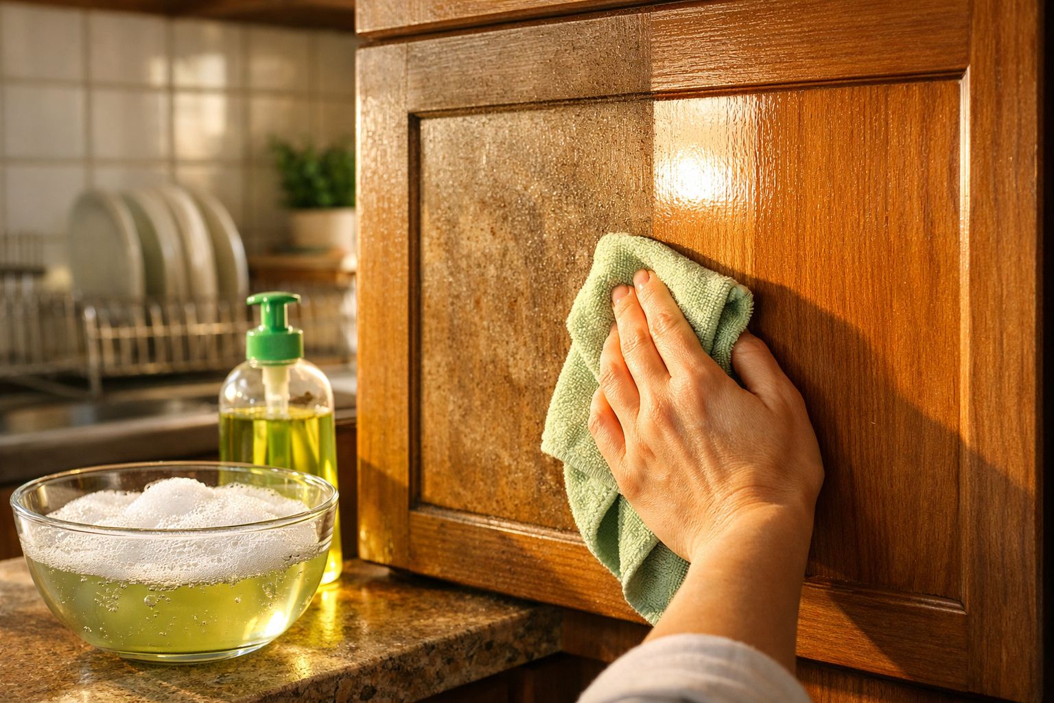 Mão limpando porta de armário de madeira com pano verde, com detergente e bacia com água e espuma ao lado.