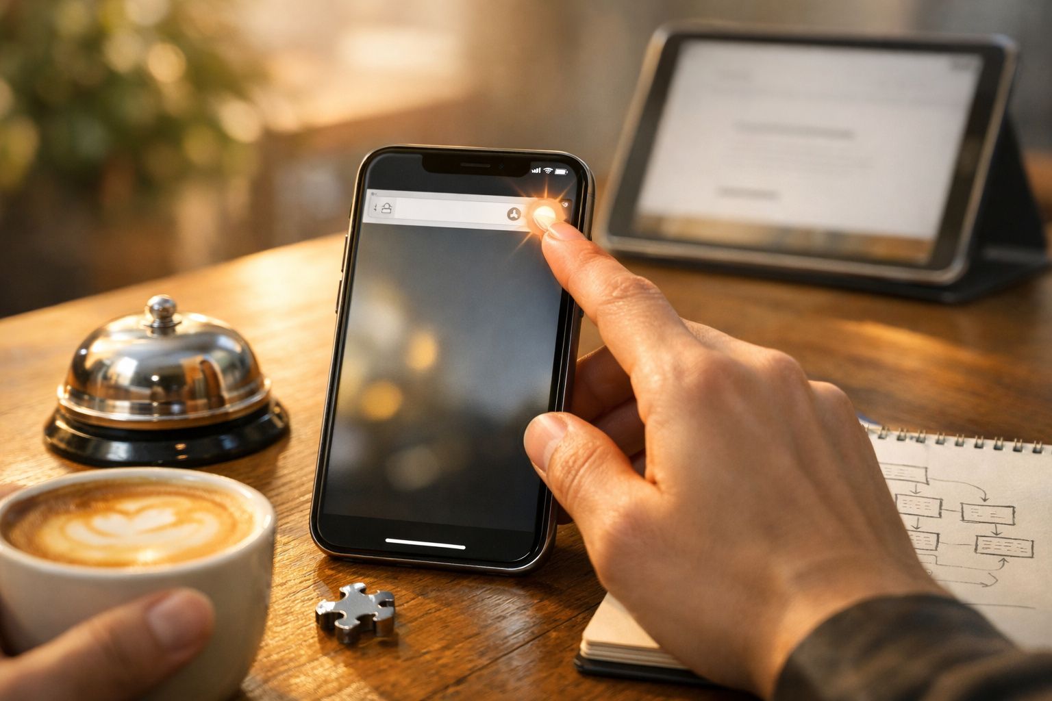 Pessoa usando celular em mesa com café, sino de hotel, quebra-cabeça e caderno com desenho técnico.