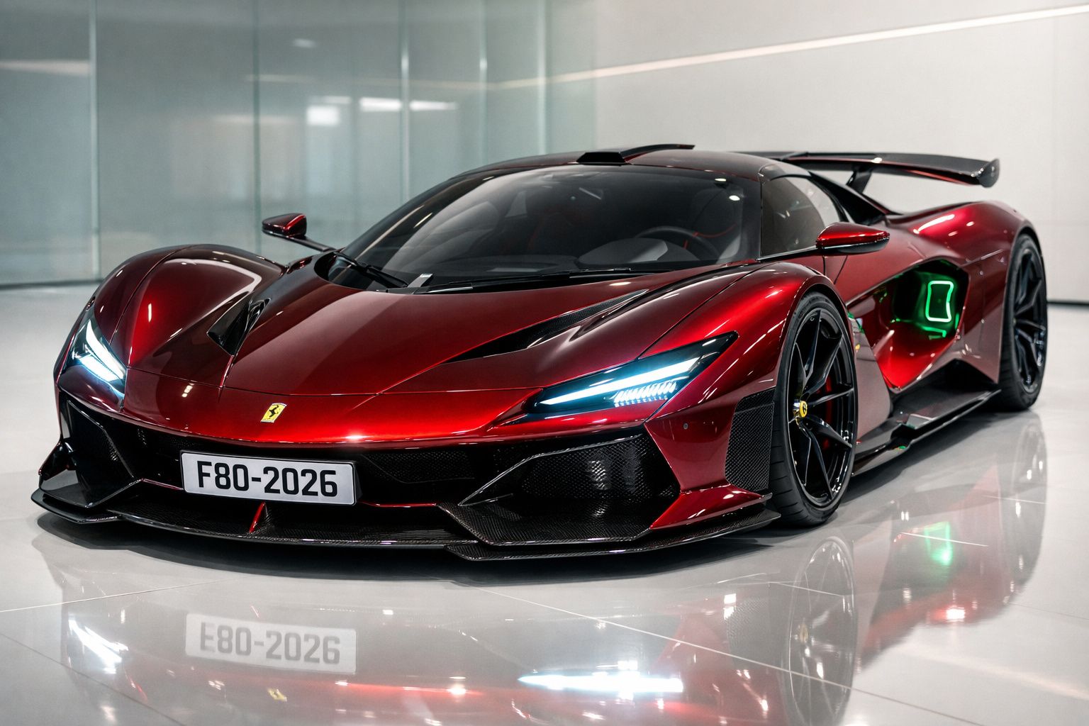 Carro esportivo vermelho Ferrari Ferrari SF90 Stradale em piso branco com faróis acesos.