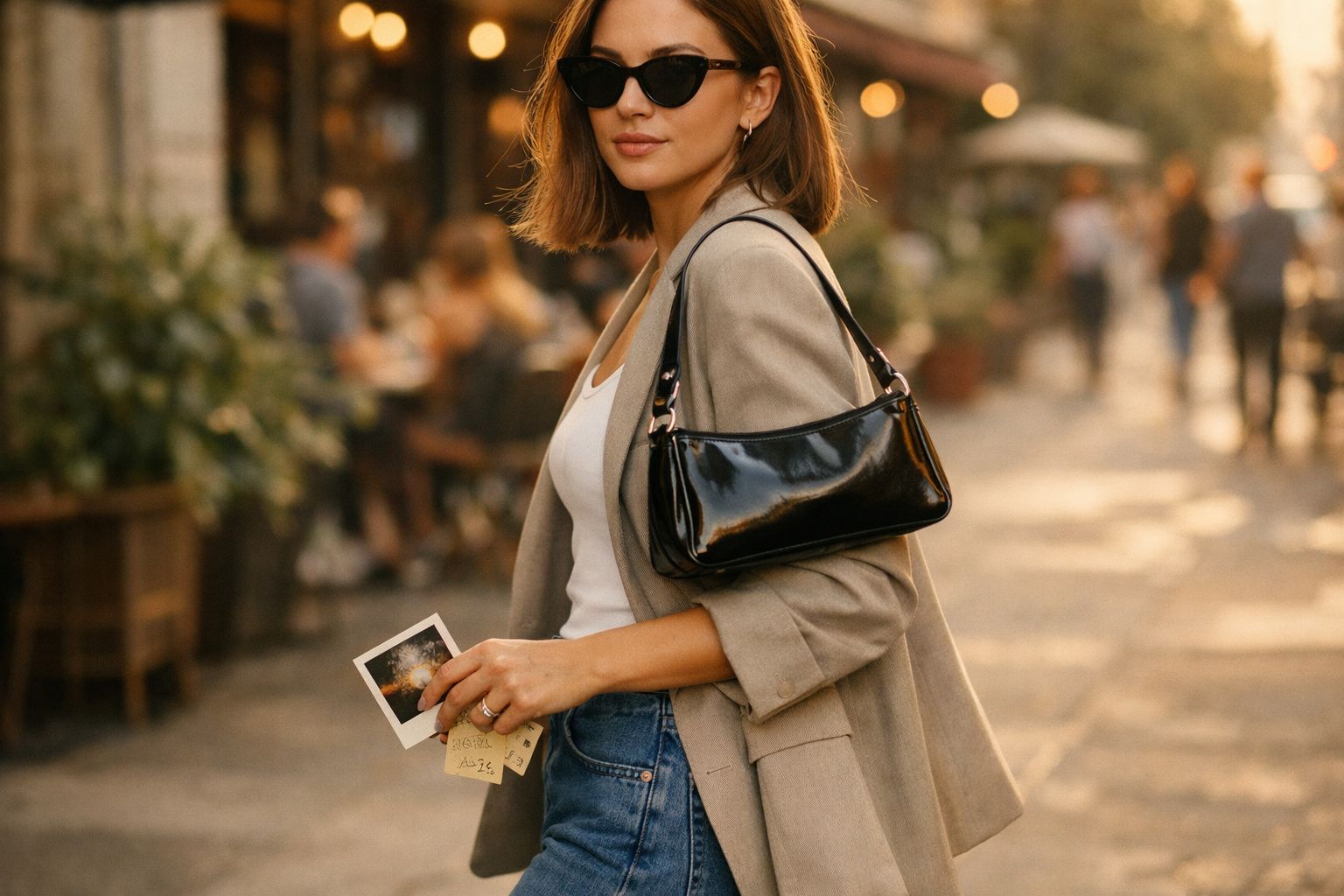 Mulher com óculos escuros, blazer bege e bolsa preta em ambiente urbano iluminado pelo sol.
