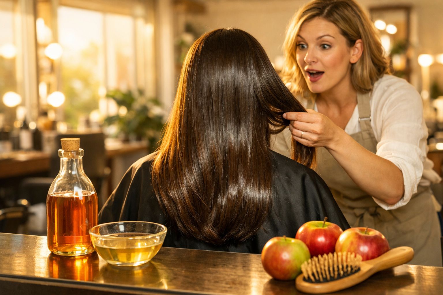 Cabeleireira examinando cabelo longo e saudável de cliente em salão com maçãs e produtos naturais na mesa.