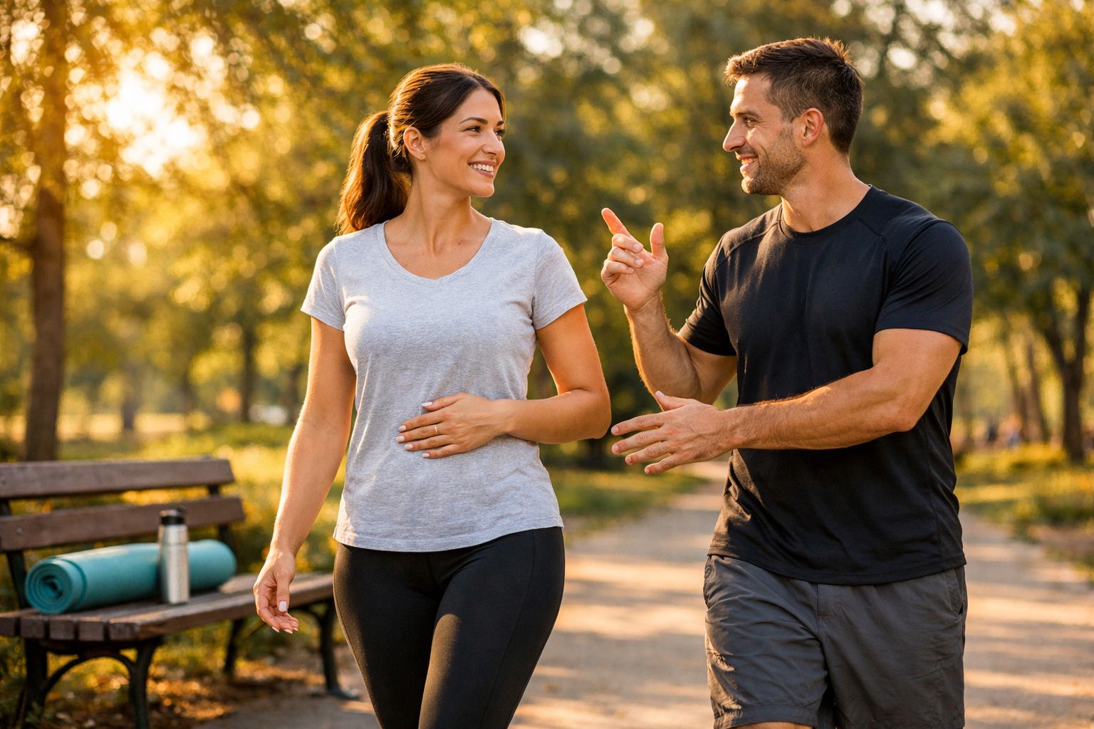 Casal sorrindo e caminhando em parque ensolarado com colchonete e garrafa sobre banco ao fundo.