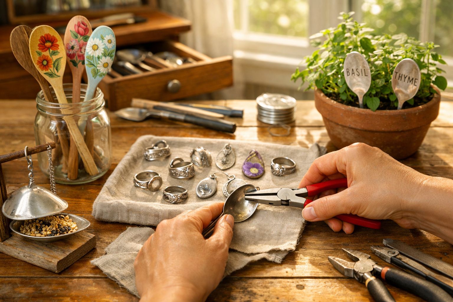 Pessoa usando alicate para criar joias com colheres antigas em bancada de trabalho artesanal.