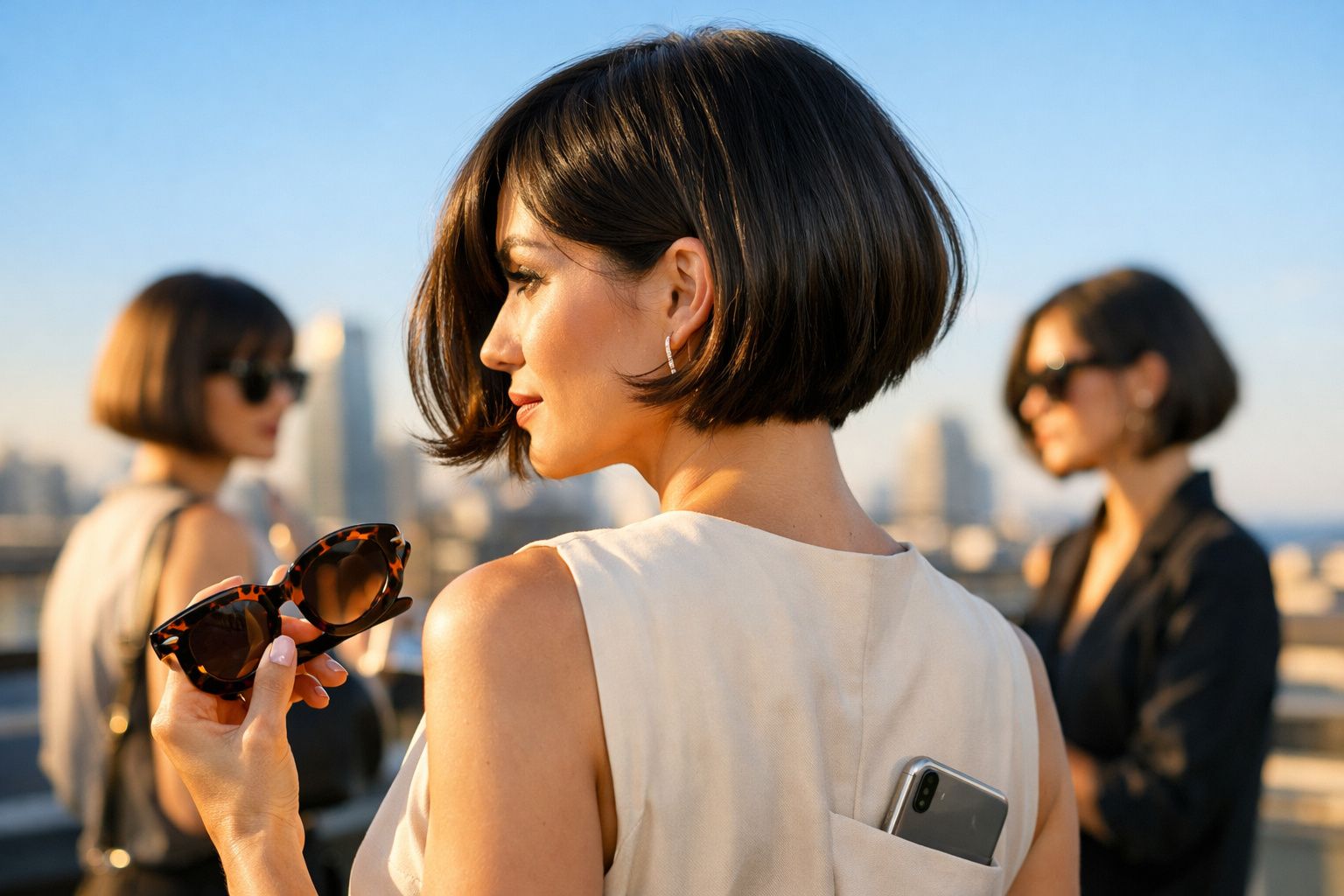 Mulher com cabelo curto segura óculos escuros, com outras duas mulheres ao fundo em ambiente urbano ensolarado.