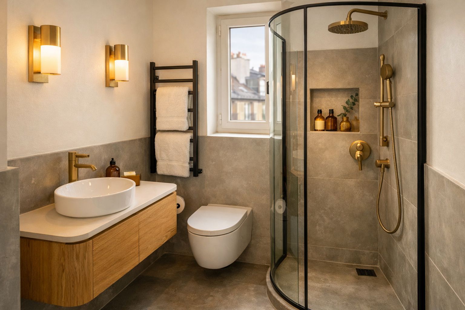 Banheiro moderno com pia oval branca, toalhas brancas, vaso sanitário e box de vidro com chuveiro dourado.