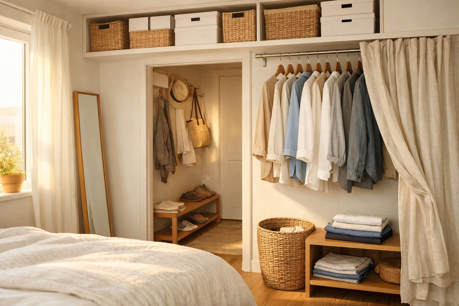 Quarto iluminado com roupas claras penduradas, espelho, cesta de vime e sapatos organizados no closet.