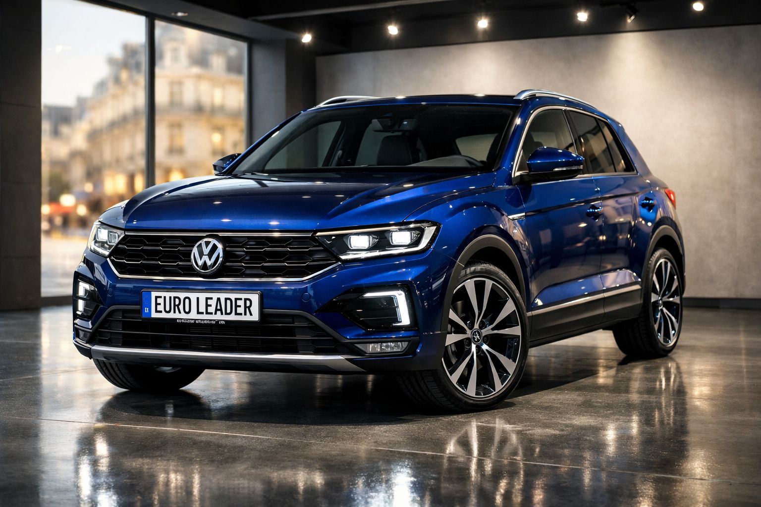 SUV azul Volkswagen Tiguan estacionado em ambiente interno com luzes acesas e placa Euro Leader.
