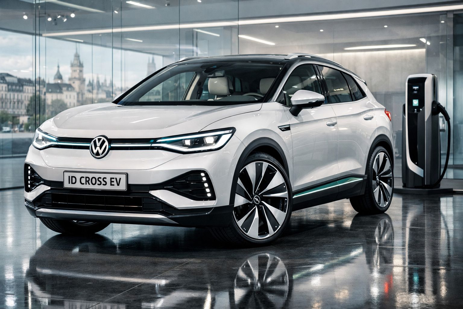 Carro elétrico Volkswagen ID Cross EV branco estacionado ao lado de carregador em ambiente interno moderno.