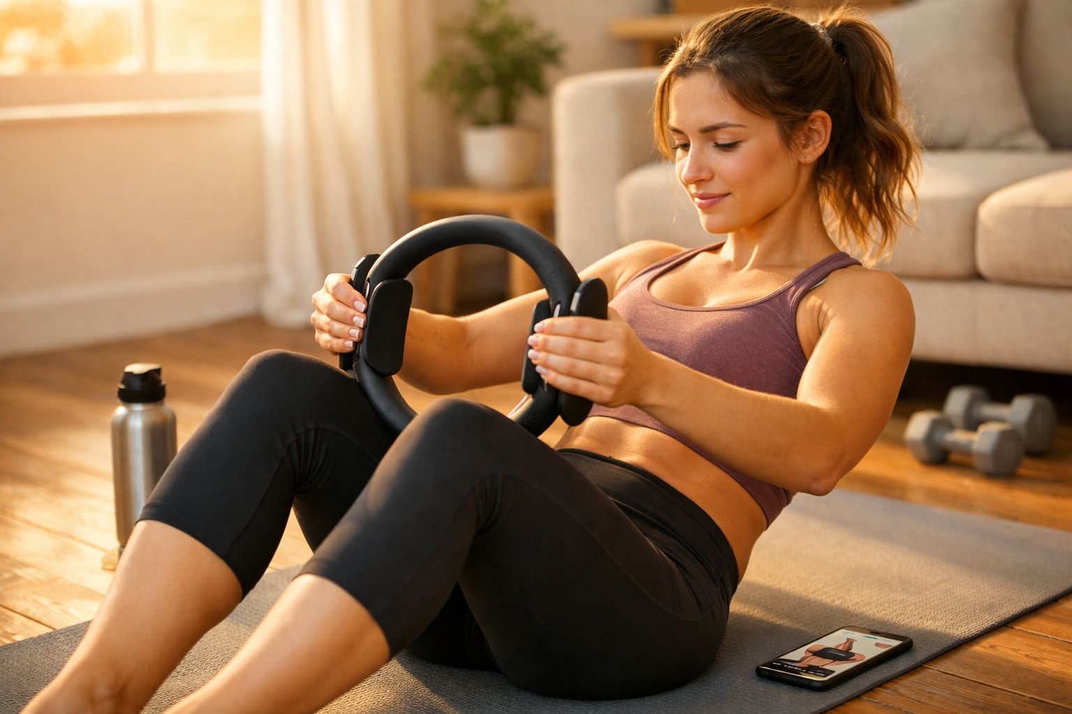 Mulher fazendo exercícios com anel de Pilates em sala de estar, com colchonete e halteres ao fundo.
