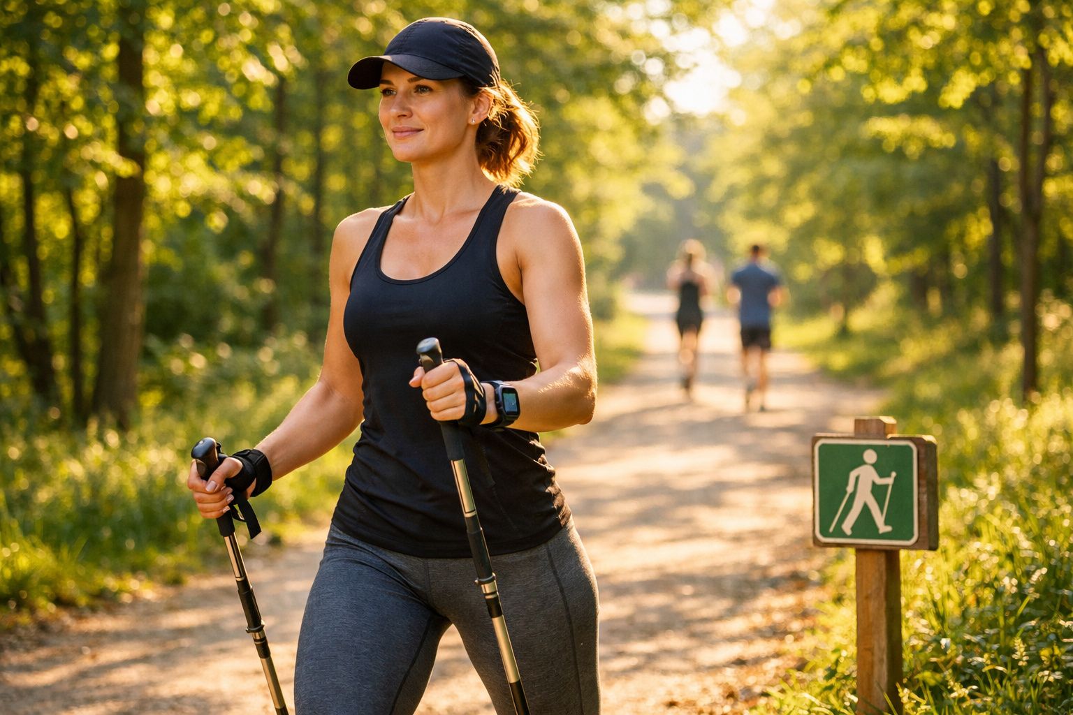 Mulher caminhando com bastões em trilha cercada de árvores sob luz do sol.