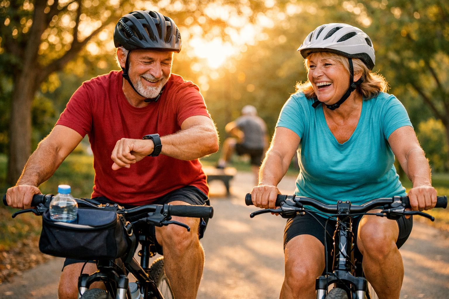 Casal de idosos sorrindo enquanto pedala de bicicleta em trilha ao ar livre durante o pôr do sol.