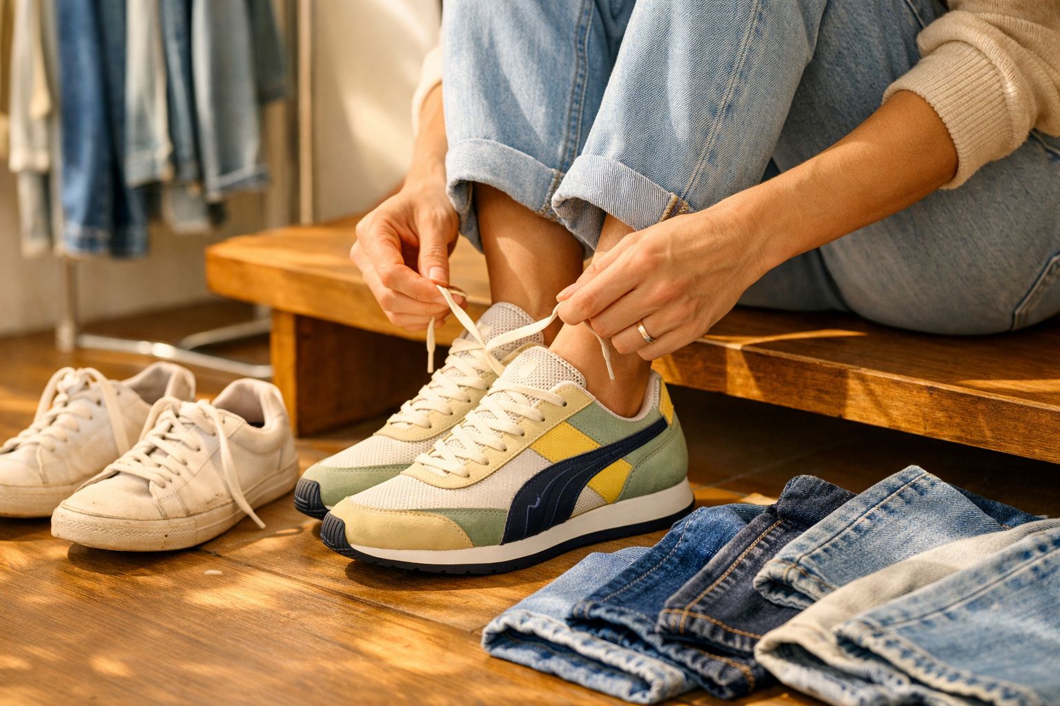 Pessoa sentada amarrando tênis colorido com jeans dobrado, ao lado tênis branco e calças jeans dobradas no chão.