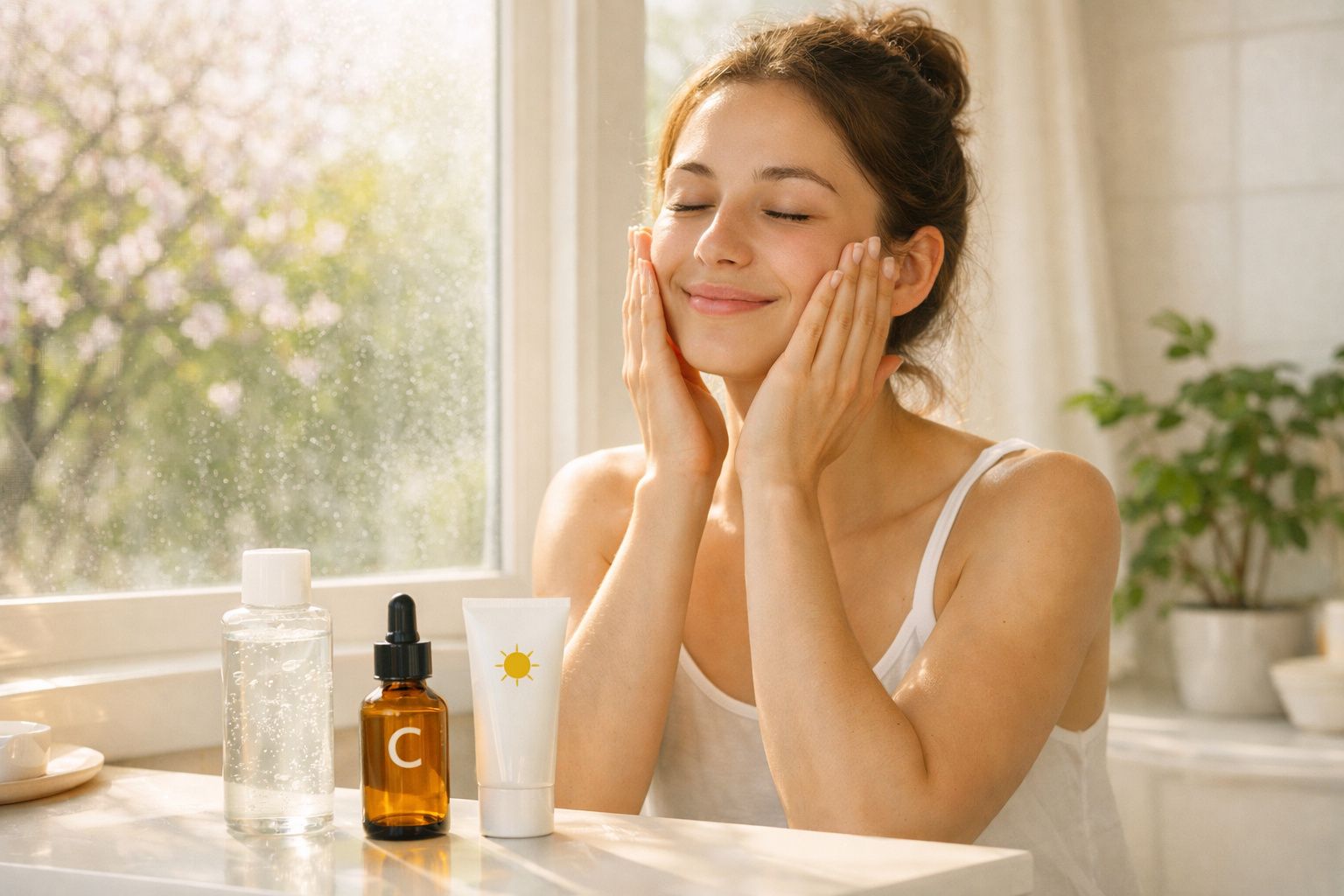 Mulher aplica creme facial perto de janela com produtos de cuidados com a pele sobre a mesa.