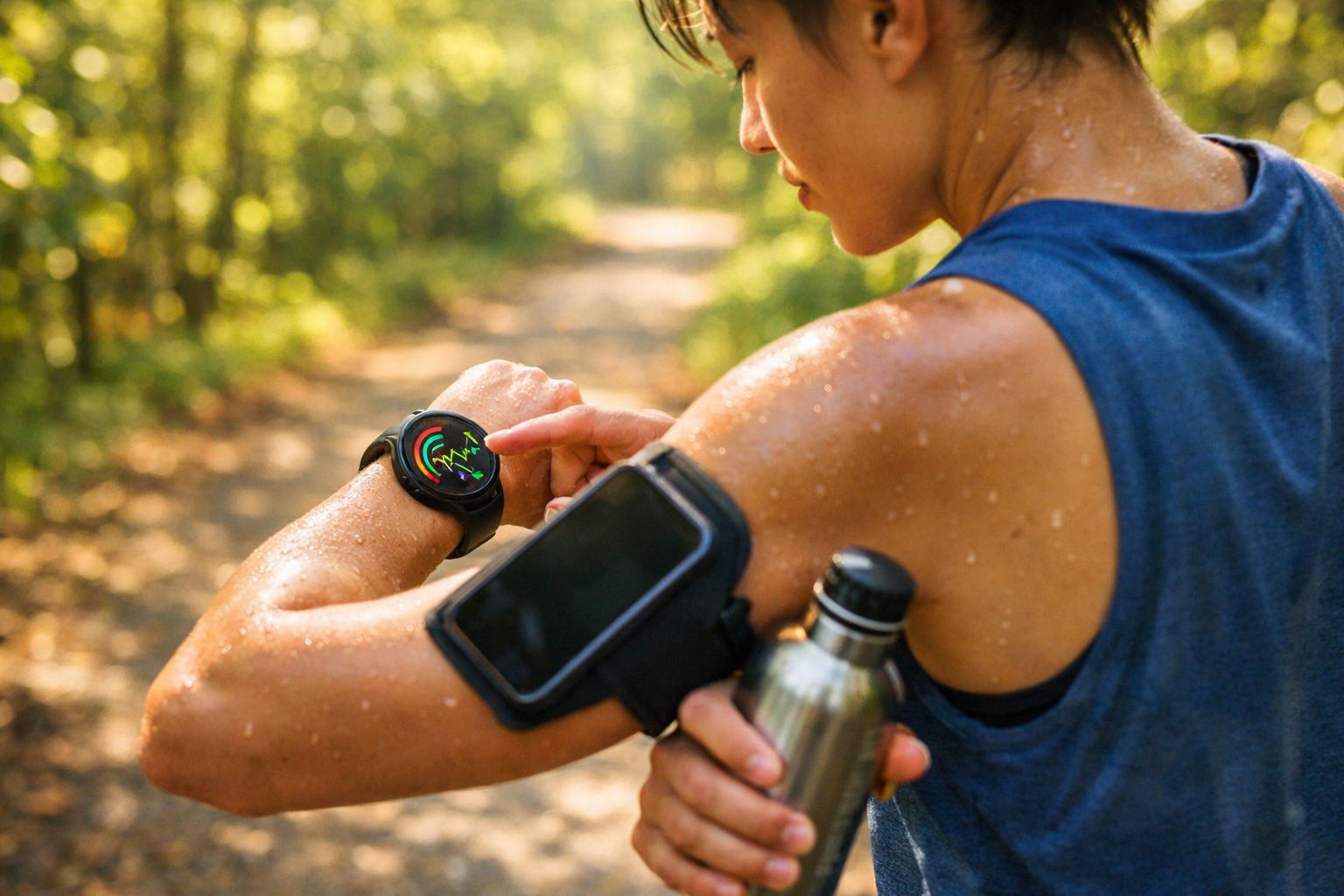 Mulher suada checa smartwatch com monitor cardíaco após corrida ao ar livre segurando garrafa de metal.